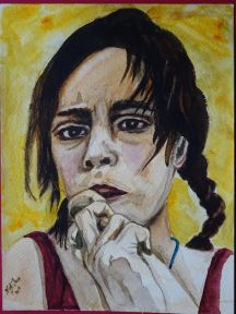 -title: Roma Girl - size: 9"x 11" or 23 cm x 28 cm -media: watercolour on watercolour paper -year: 2009 -description: a portrait of an anxious, sad Romani Girl -comment: 2nd Prize Winner of the City of Toronto Frankly Bob Award, 2009