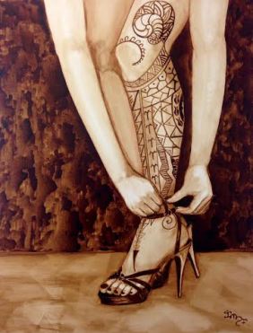 Mandirigma in Stilettos (Warrior in Stilettos) by Clarisse Pastor-Medina A coffee painting done in collaboration with Rex Gatdula (tattoo design) This is part of my coffee painting series called BIAK: Explorations of Filipino Heritage, Identity, Immigration and Assimilatio