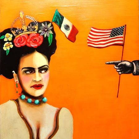 Modern Frida: Misguided Finger Pointing 16 x 20 - Acrylic/Mixed Media on cradled panel wood. by Sherry Dooley